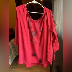 SHEIN 4x red/burgundy blouse with black floral print and tassels